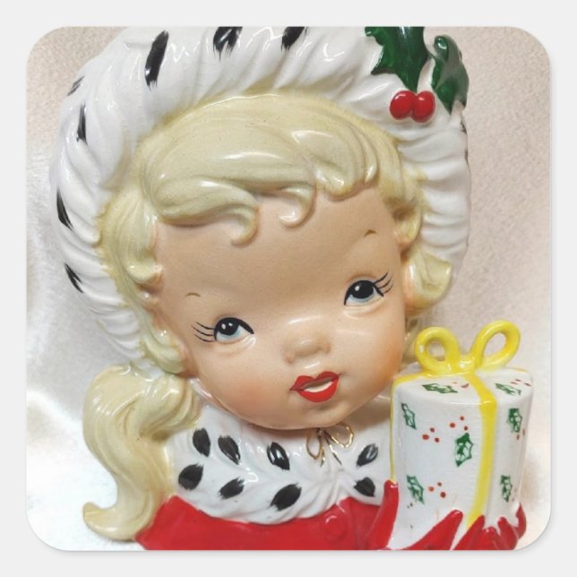 Christmas Girl Child Head Vase Present Holly Cute Square Sticker (Front)