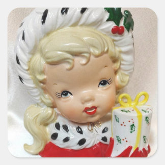 Christmas Girl Child Head Vase Present Holly Cute Square Sticker