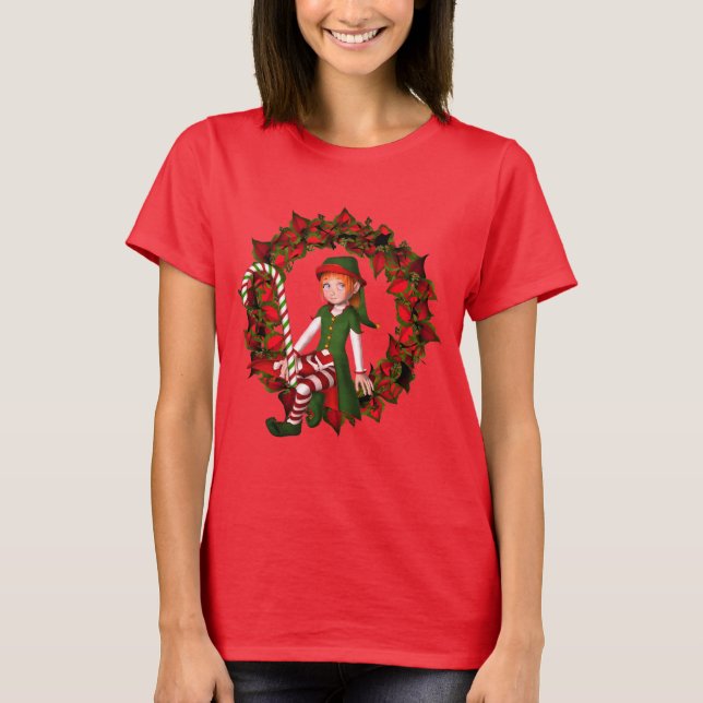Christmas Girl Elf On Wreath Cute Holiday  T-Shirt (Front)
