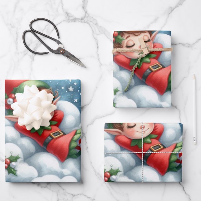 Christmas Girl Elf Sleeping on A Cloud  Wrapping Paper Sheet (Front)