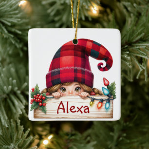 Christmas Girl Gnome With Custom Name Ceramic Ornament