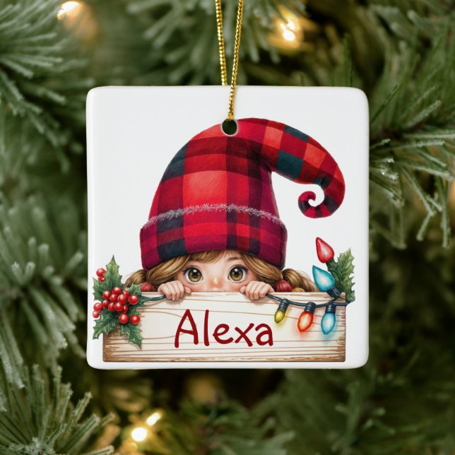Christmas Girl Gnome With Custom Name Ceramic Ornament (Tree)