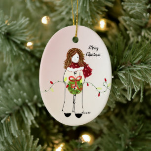 Christmas Girl Holding Wreath and Lights Ceramic Tree Decoration