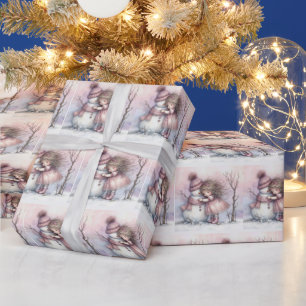 Christmas Girl Hugging a Snowman Wrapping Paper