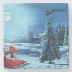 Christmas Girl on Sled Stone Coaster