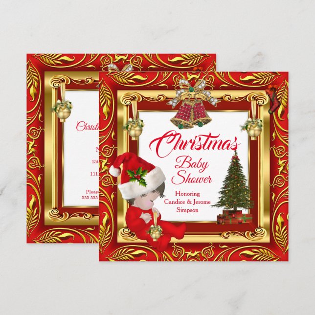 Christmas Girl or Boy Baby Shower Red Gold  Invitation (Front/Back)