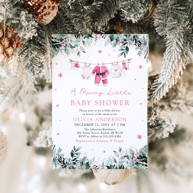 Christmas Girl Pink A Merry Little Baby Shower Invitation (Creator Uploaded)