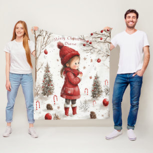 Christmas Girl Red Coat Christmas Trees Candy Cane Fleece Blanket