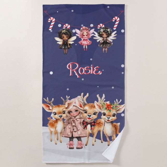 Christmas Girl Reindeer Candy Cane Fairies Beach Towel (Front)