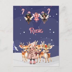 Christmas Girl Reindeer Candy Cane Fairies Postcard