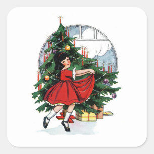 Christmas Girl Vintage Illustration Square Sticker