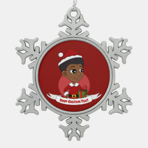 Christmas girl with an Afro cartoon Snowflake Pewter Christmas Ornament