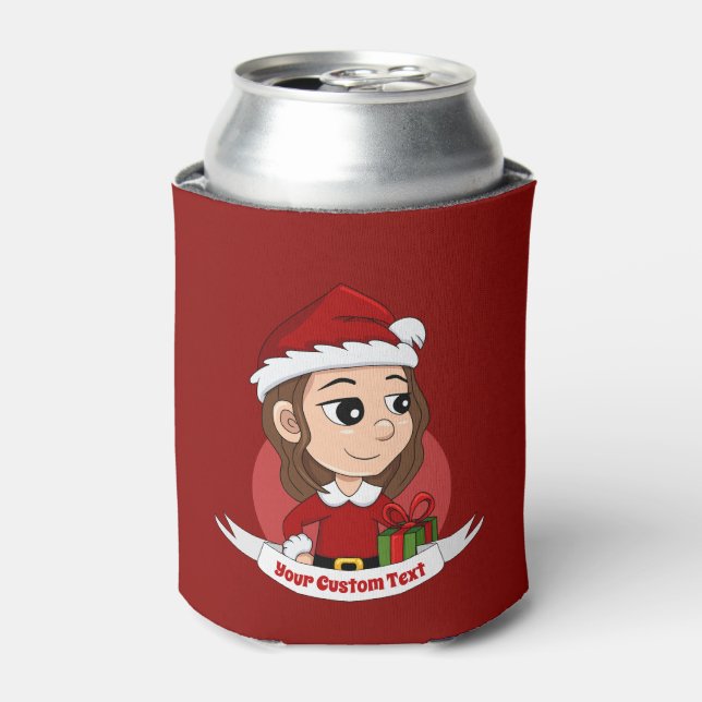 Christmas girl with brown wavy hair can cooler (Can Front)
