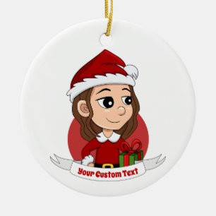 Christmas girl with brown wavy hair ceramic tree decoration