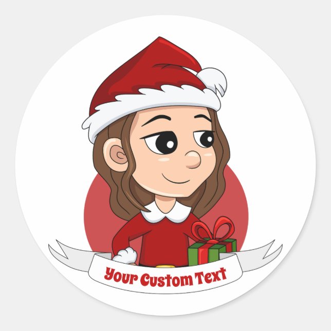 Christmas girl with brown wavy hair classic round sticker (Front)