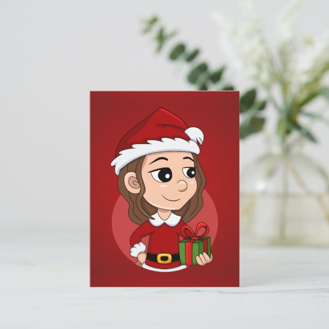 Christmas girl with brown wavy hair holiday postca (Standing Front)
