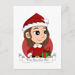 Christmas girl with brown wavy hair holiday postcard