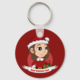 Christmas girl with brown wavy hair key ring