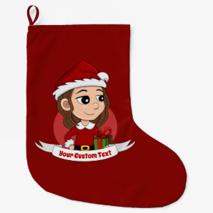 Christmas girl with brown wavy hair large christmas stocking