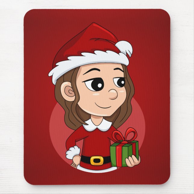 Christmas girl with brown wavy hair mouse mat (Front)