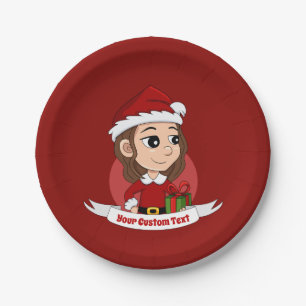 Christmas girl with brown wavy hair paper plate