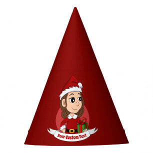 Christmas girl with brown wavy hair party hat