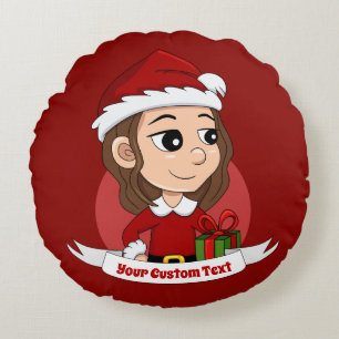 Christmas girl with brown wavy hair round cushion