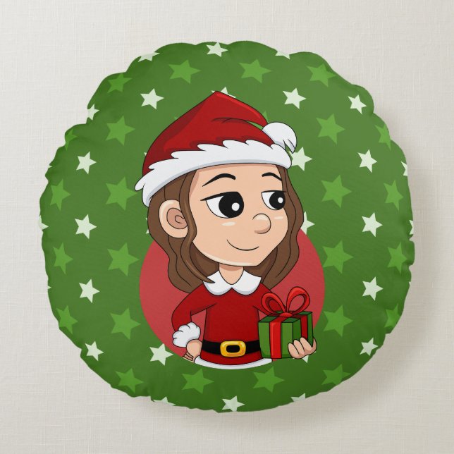 Christmas girl with brown wavy hair round cushion (Front)