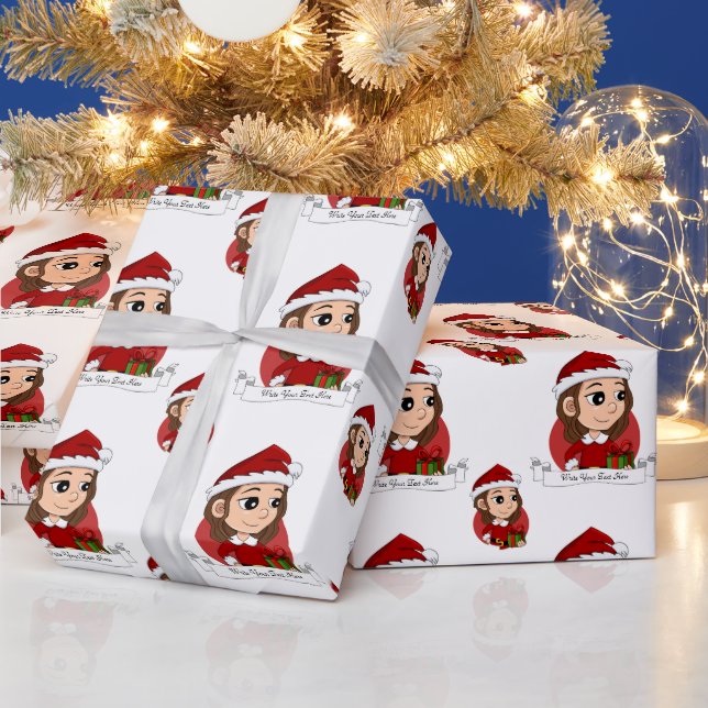Christmas girl with brown wavy hair wrapping paper (Holidays)