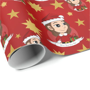 Christmas girl with brown wavy hair wrapping paper