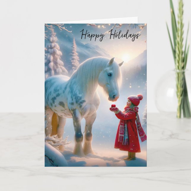Christmas Girl With Dapple Grey Horse Holiday Card (Front)