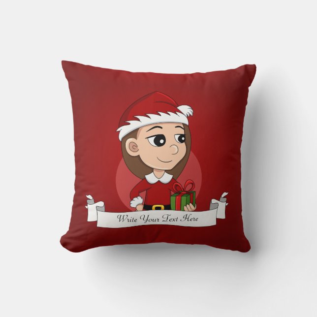 Christmas girl with long brown hair cushion (Front)