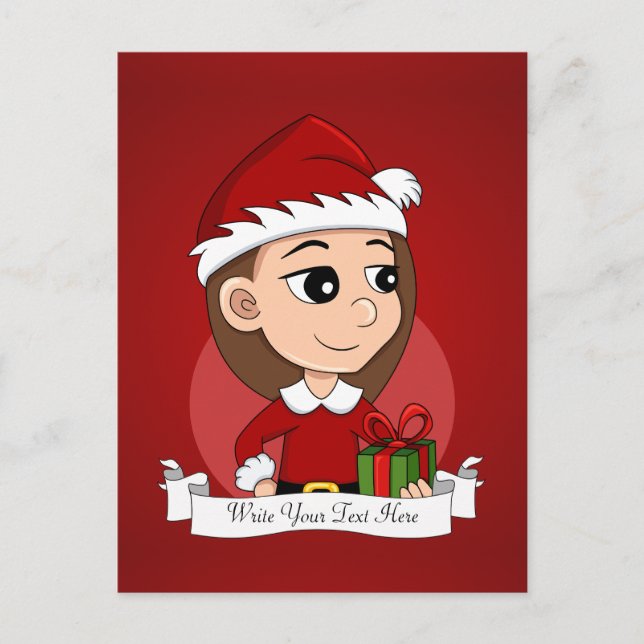 Christmas girl with long brown hair holiday postcard (Front)