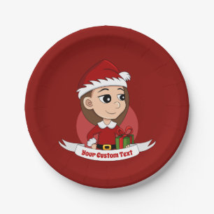 Christmas girl with long brown hair paper plate