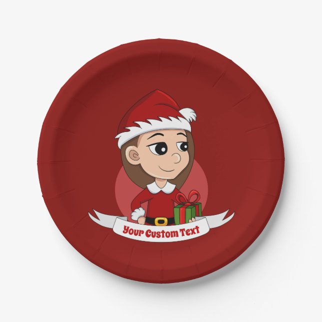 Christmas girl with long brown hair paper plate (Front)