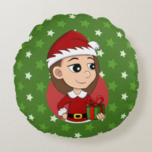 Christmas girl with long brown hair round cushion