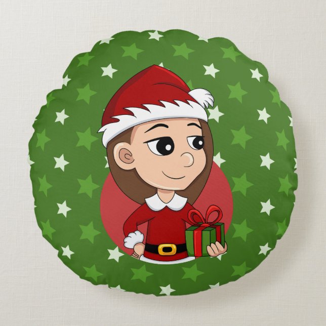 Christmas girl with long brown hair round cushion (Front)