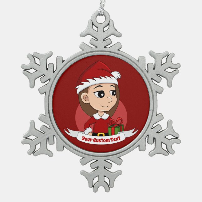 Christmas girl with long brown hair snowflake pewter christmas ornament (Front)