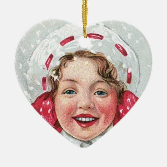 Christmas Girl with Package - heart Ceramic Tree Decoration (Front)