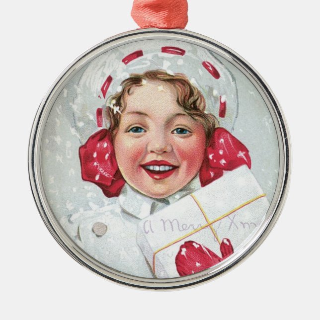 Christmas Girl with Package Metal Tree Decoration (Front)