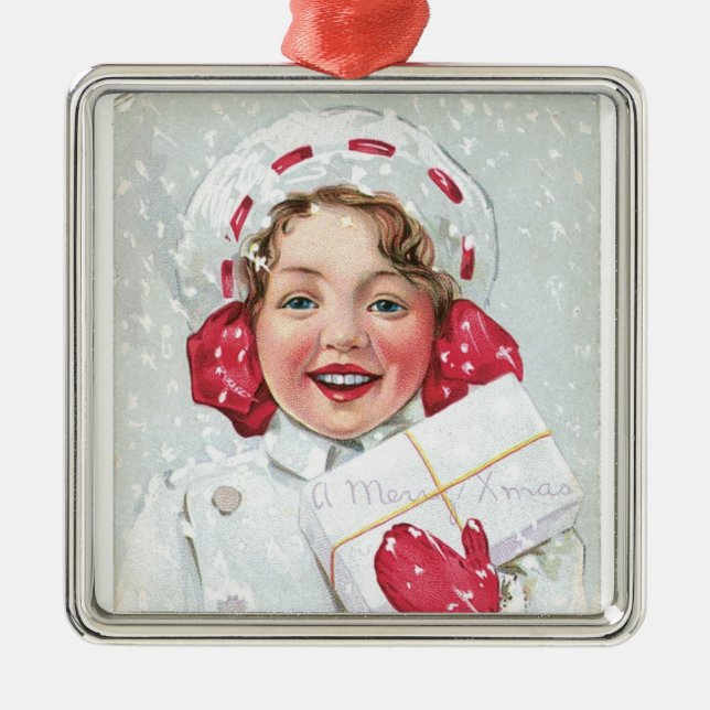 Christmas Girl with Package Metal Tree Decoration (Front)