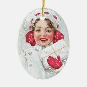 Christmas Girl with Package - oval Ceramic Tree Decoration