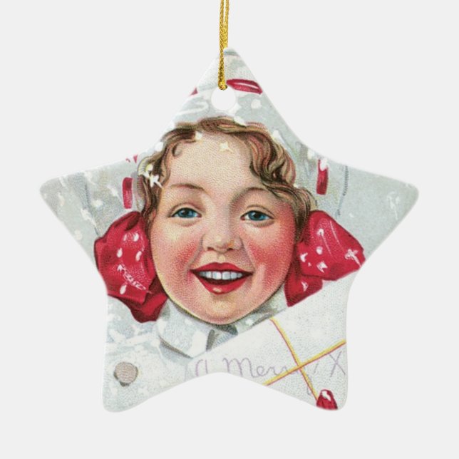 Christmas Girl with Package - star Ceramic Tree Decoration (Front)