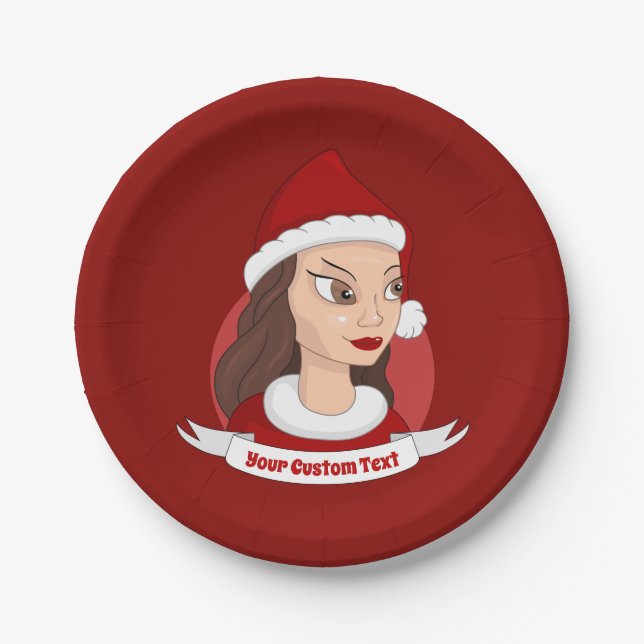 Christmas girl / young woman cartoon paper plate (Front)