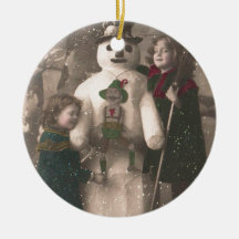 Christmas Girls and Snowman Vintage Photo