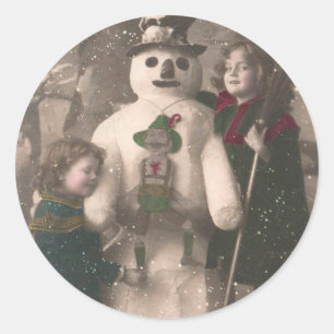 Christmas Girls and Snowman Vintage Photo Classic Round Sticker