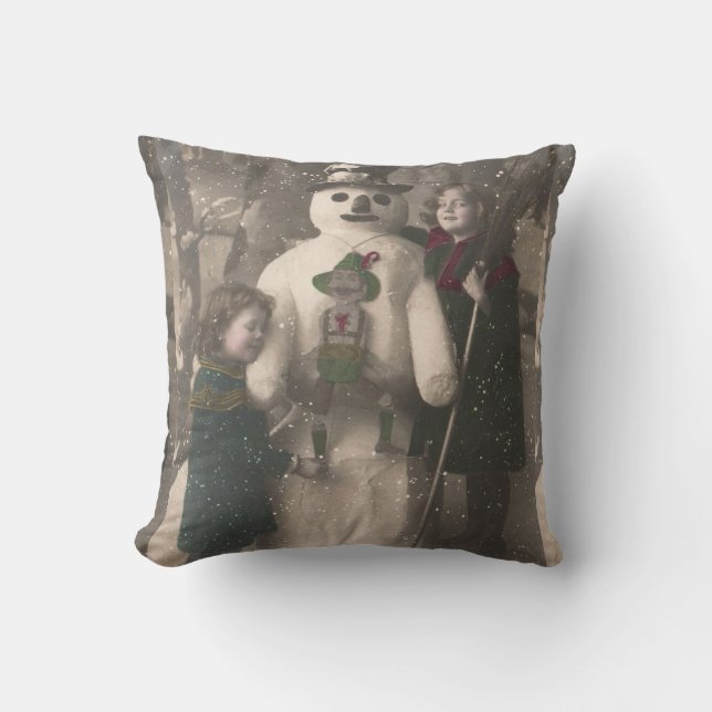Christmas Girls and Snowman Vintage Photo Cushion (Front)