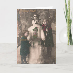 Christmas Girls and Snowman Vintage Photo Holiday Card