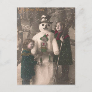 Christmas Girls and Snowman Vintage Photo Holiday Postcard