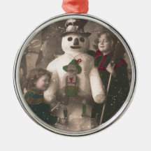 Christmas Girls and Snowman Vintage Photo